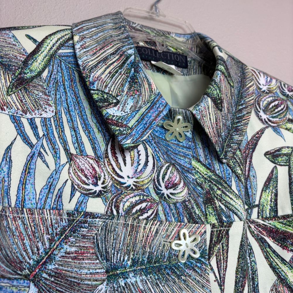 Colorful Jacket Womens 10 Green Blue Tropical Palm Leaf Flower Resortwear Floral - Picture 3 of 16